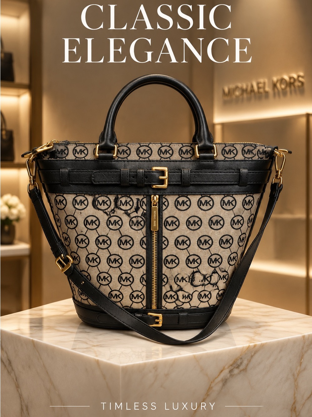 Michael Kors Black and Beige Logo Canvas Tote with Gold Hardware